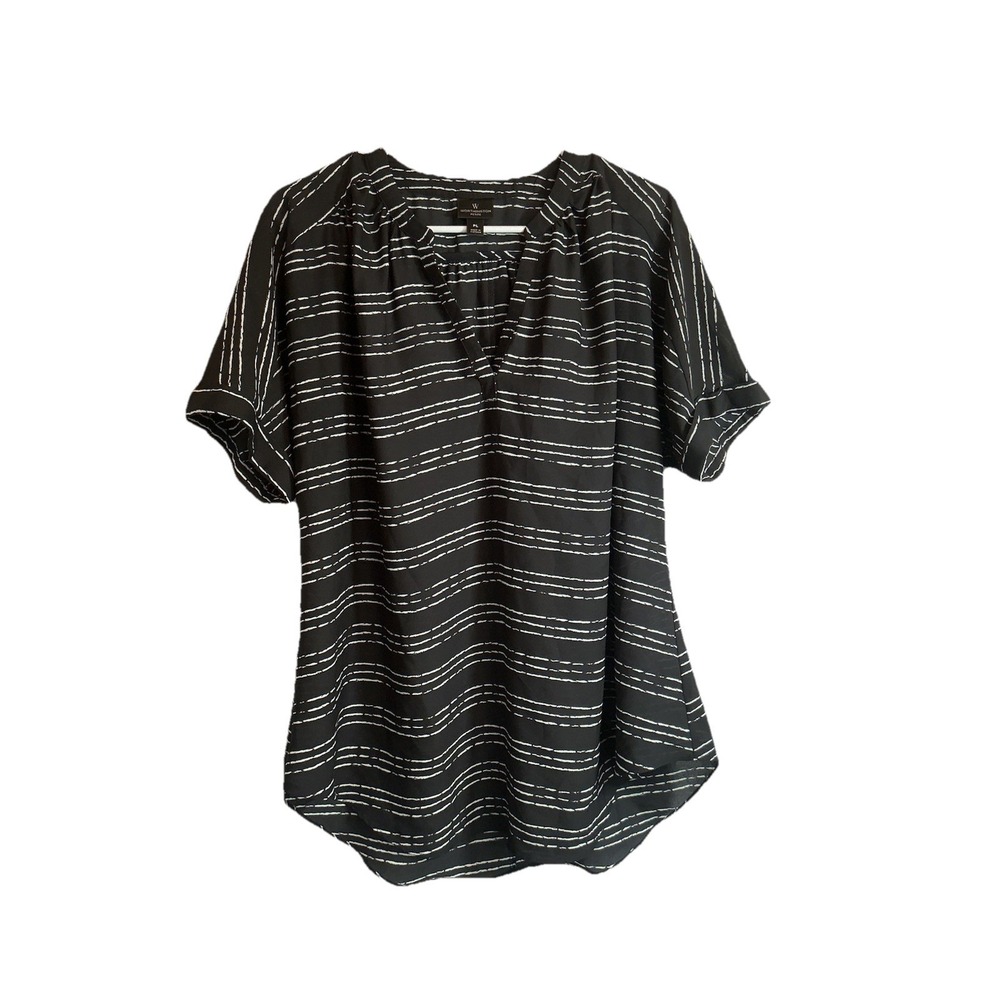 WORTHINGTON women's black white Stripe Short Sleeve BLOUSE Size‎ Petite Large